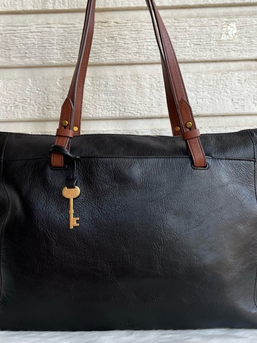 FOSSIL Black Leather Shoulder Bag Tote with Brown Leather Straps
